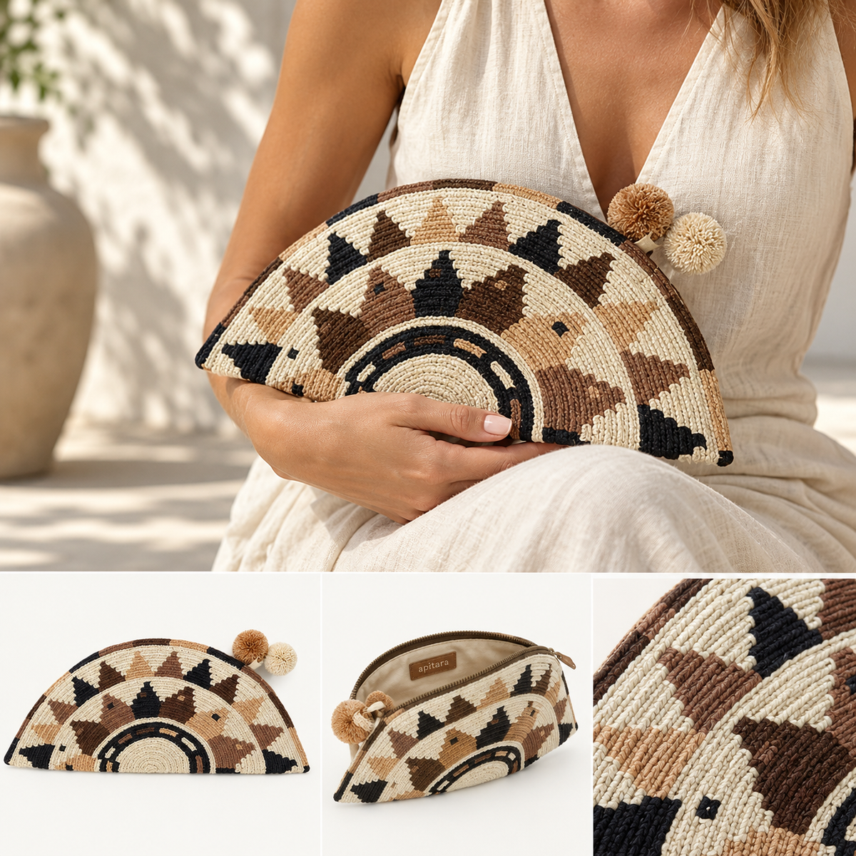 Clutch Wayuu de algodón tejido a mano, detalle artesanal colombiano