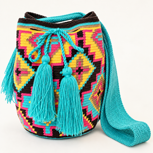 Bolso Wayuu turquesa multicolor de algodón con tejido artesanal