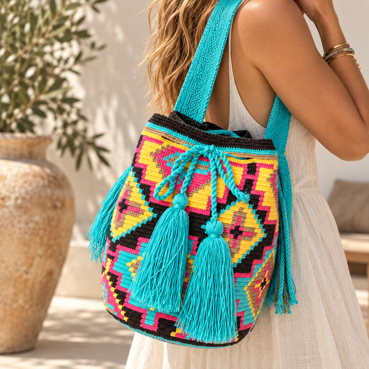 Bolso Wayuu turquesa multicolor artesanal tejido a mano en Colombia